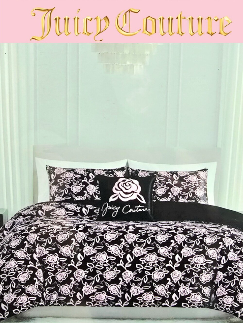 Juicy Couture Home Cristal Collection Logo Rose 4PC Satin Queen Bed Set